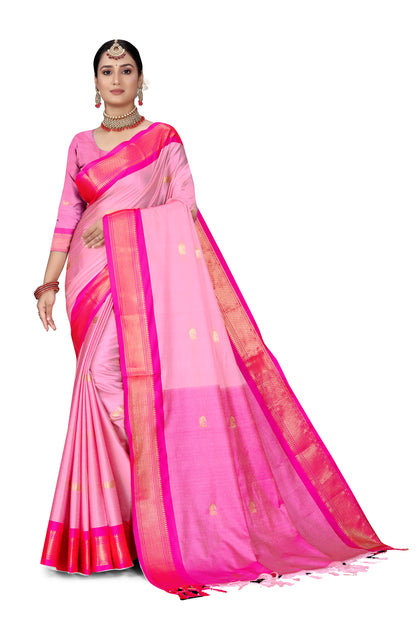 Baby Pink And Border Dark Pink Paithani Cotton Silk Saree With Contrast Blouse And Contrast Plain Pallu With Golden Zari Butta