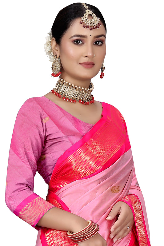 Baby Pink And Border Dark Pink Paithani Cotton Silk Saree With Contrast Blouse And Contrast Plain Pallu With Golden Zari Butta