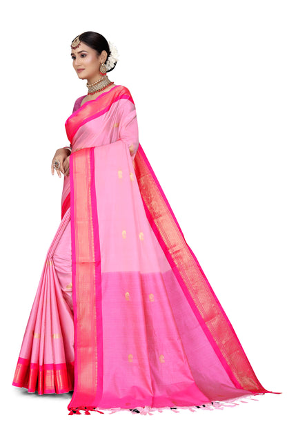 Baby Pink And Border Dark Pink Paithani Cotton Silk Saree With Contrast Blouse And Contrast Plain Pallu With Golden Zari Butta