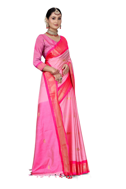 Baby Pink And Border Dark Pink Paithani Cotton Silk Saree With Contrast Blouse And Contrast Plain Pallu With Golden Zari Butta