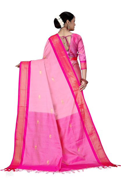 Baby Pink And Border Dark Pink Paithani Cotton Silk Saree With Contrast Blouse And Contrast Plain Pallu With Golden Zari Butta