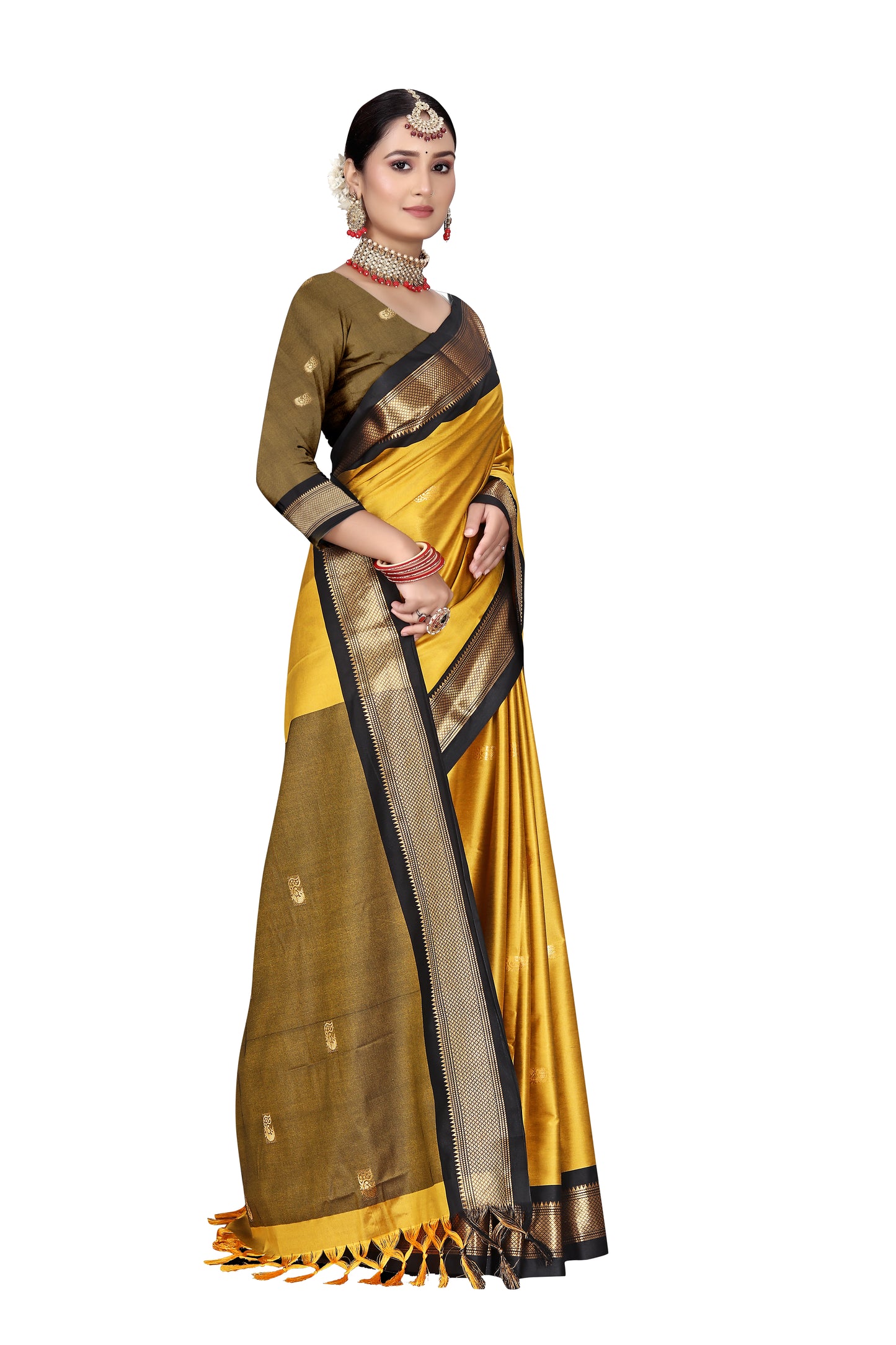 Gold Black Sico Paithani Saree With Contrast Blouse And Contrast Pallu