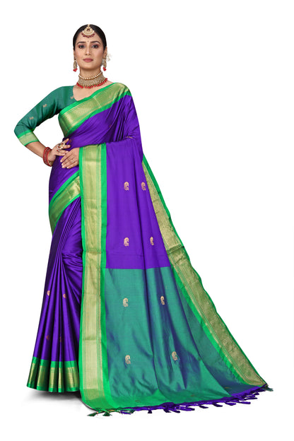 Voilet And Green Paithani Cotton Silk Saree With Contrast Blouse And Contrast Plain Pallu With Golden Zari Butta