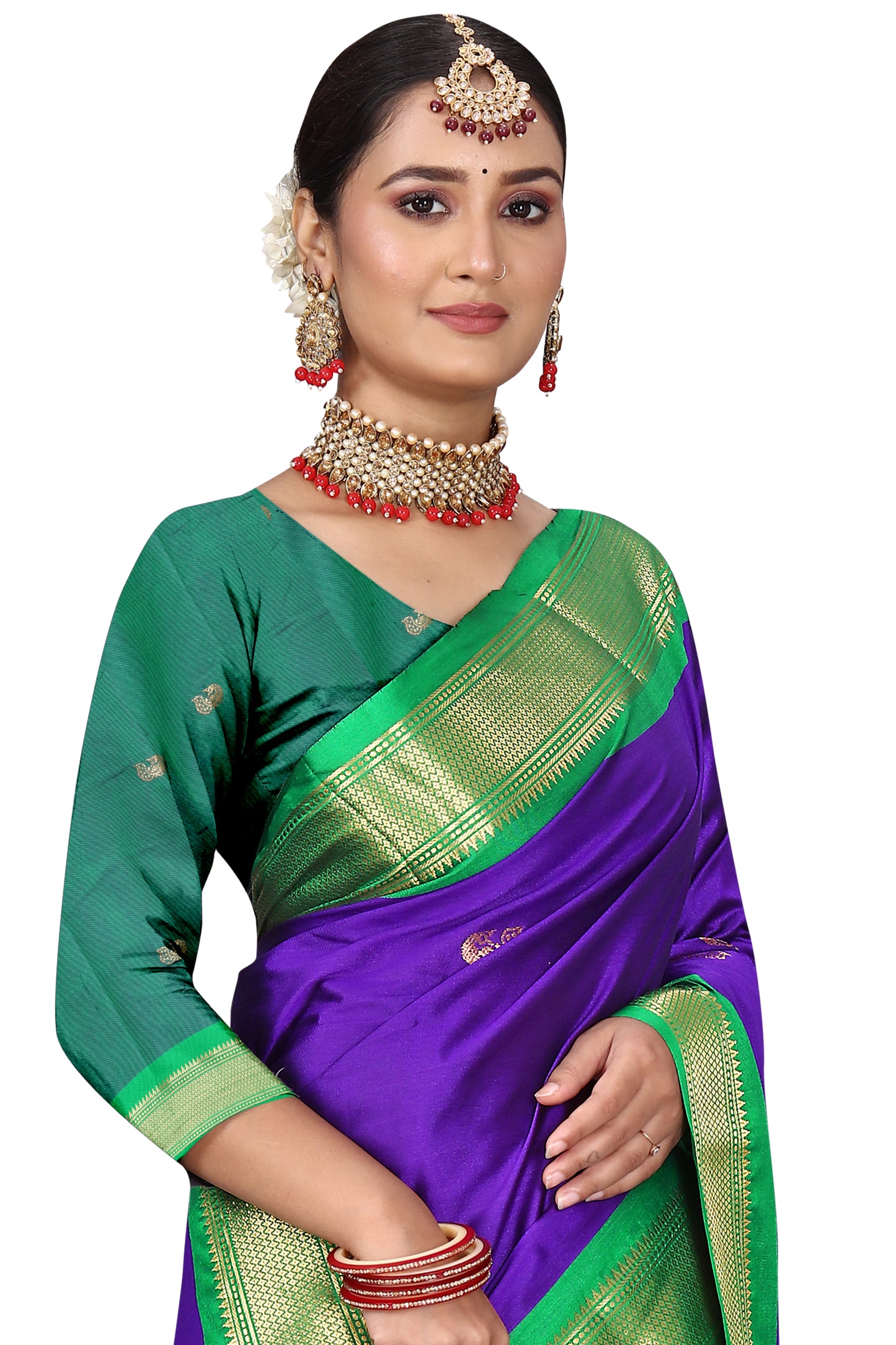 Voilet And Green Paithani Cotton Silk Saree With Contrast Blouse And Contrast Plain Pallu With Golden Zari Butta