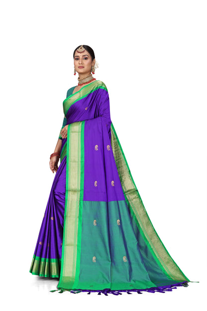 Voilet And Green Paithani Cotton Silk Saree With Contrast Blouse And Contrast Plain Pallu With Golden Zari Butta