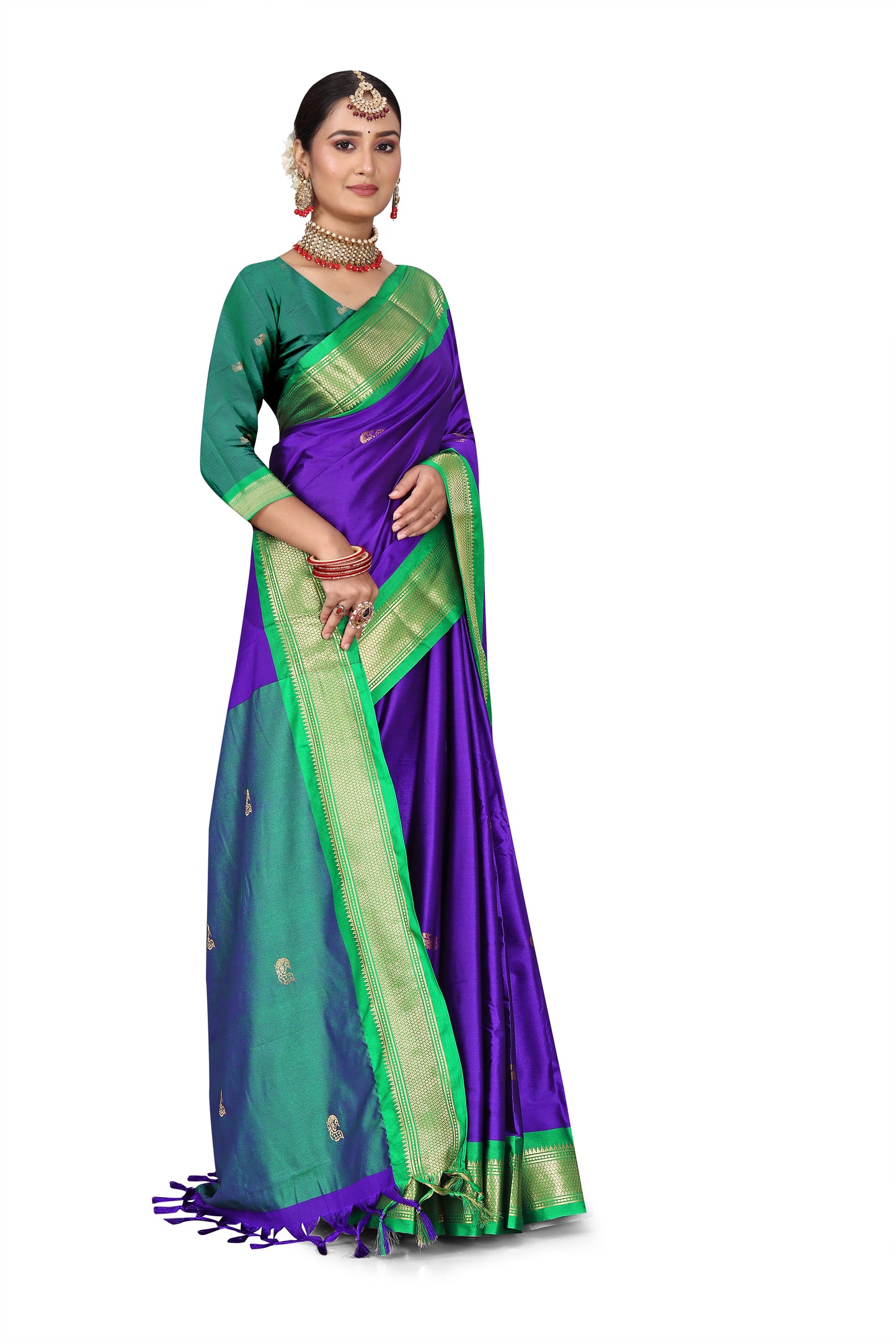 Voilet And Green Paithani Cotton Silk Saree With Contrast Blouse And Contrast Plain Pallu With Golden Zari Butta