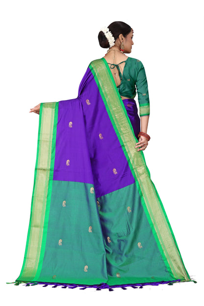 Voilet And Green Paithani Cotton Silk Saree With Contrast Blouse And Contrast Plain Pallu With Golden Zari Butta