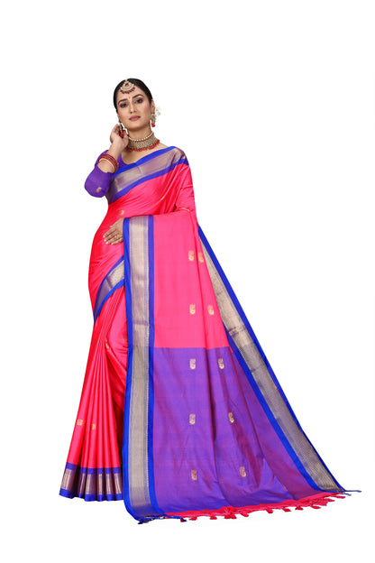 Pink And R.Blue Paithani Cotton Silk Saree With Contrast Blouse And Contrast Plain Pallu With Golden Zari Butta