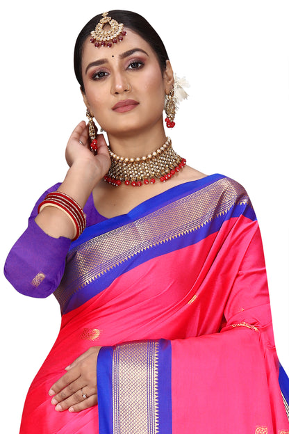 Pink And R.Blue Paithani Cotton Silk Saree With Contrast Blouse And Contrast Plain Pallu With Golden Zari Butta