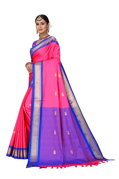 Pink And R.Blue Paithani Cotton Silk Saree With Contrast Blouse And Contrast Plain Pallu With Golden Zari Butta