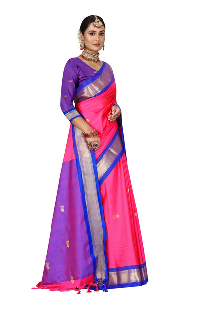 Pink And R.Blue Paithani Cotton Silk Saree With Contrast Blouse And Contrast Plain Pallu With Golden Zari Butta