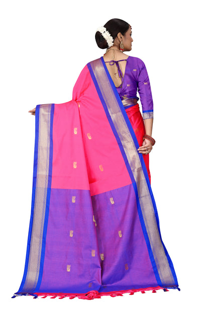 Pink And R.Blue Paithani Cotton Silk Saree With Contrast Blouse And Contrast Plain Pallu With Golden Zari Butta