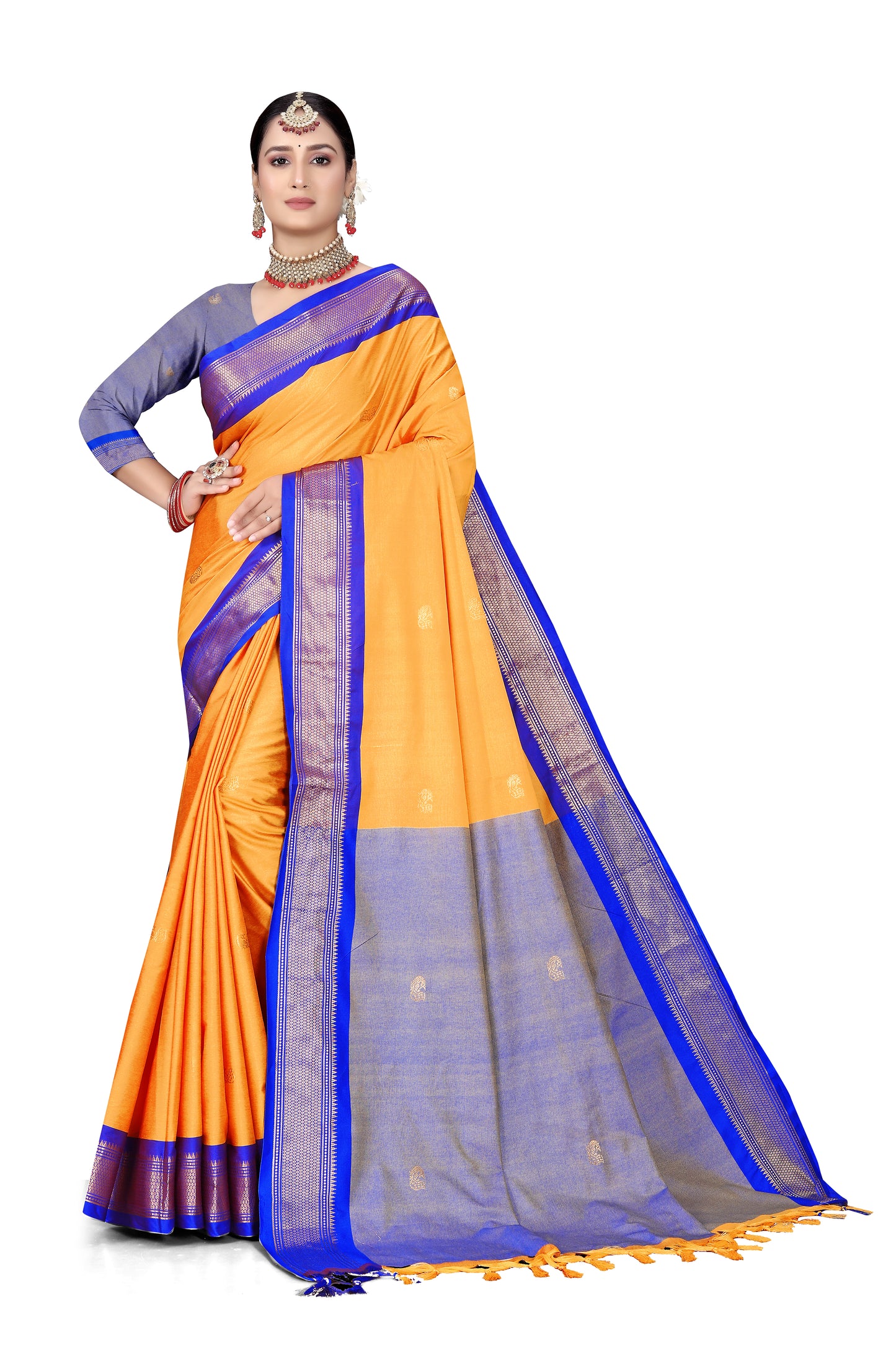 Amba And R.Blue Cotton Silk Saree With Contrast Blouse And Contrast Pallu Allover Zari Butta