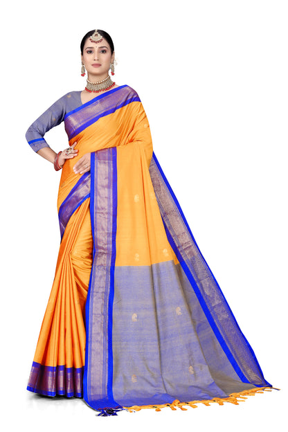 Amba And R.Blue Cotton Silk Saree With Contrast Blouse And Contrast Pallu Allover Zari Butta