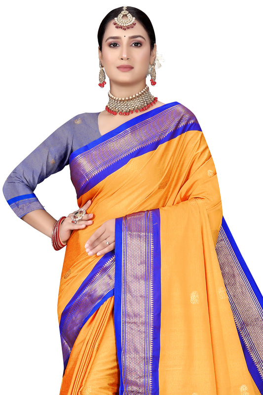 Amba And R.Blue Cotton Silk Saree With Contrast Blouse And Contrast Pallu Allover Zari Butta