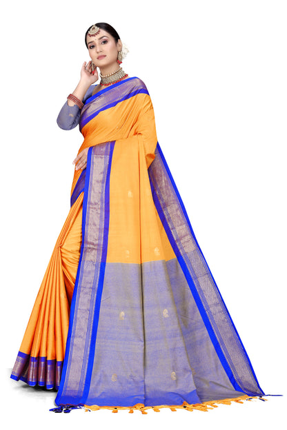 Amba And R.Blue Cotton Silk Saree With Contrast Blouse And Contrast Pallu Allover Zari Butta