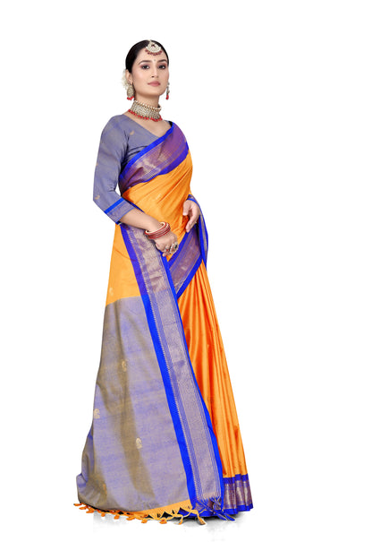 Amba And R.Blue Cotton Silk Saree With Contrast Blouse And Contrast Pallu Allover Zari Butta