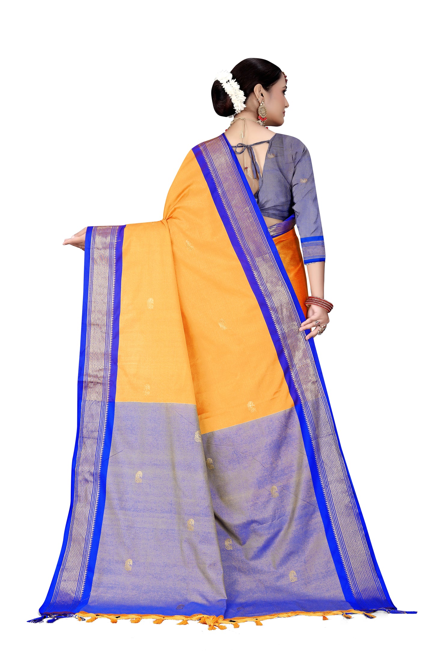 Amba And R.Blue Cotton Silk Saree With Contrast Blouse And Contrast Pallu Allover Zari Butta