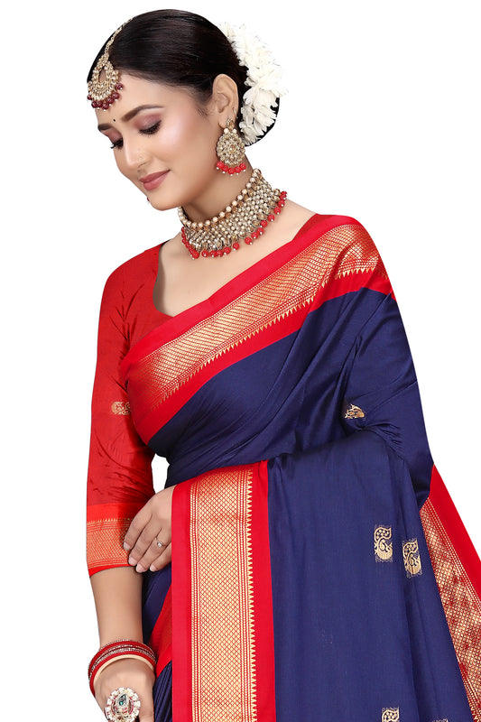 Navy Blue And Red Paithani Cotton Silk Saree With Contrast Blouse And Contrast Plain Pallu With Golden Zari Butta