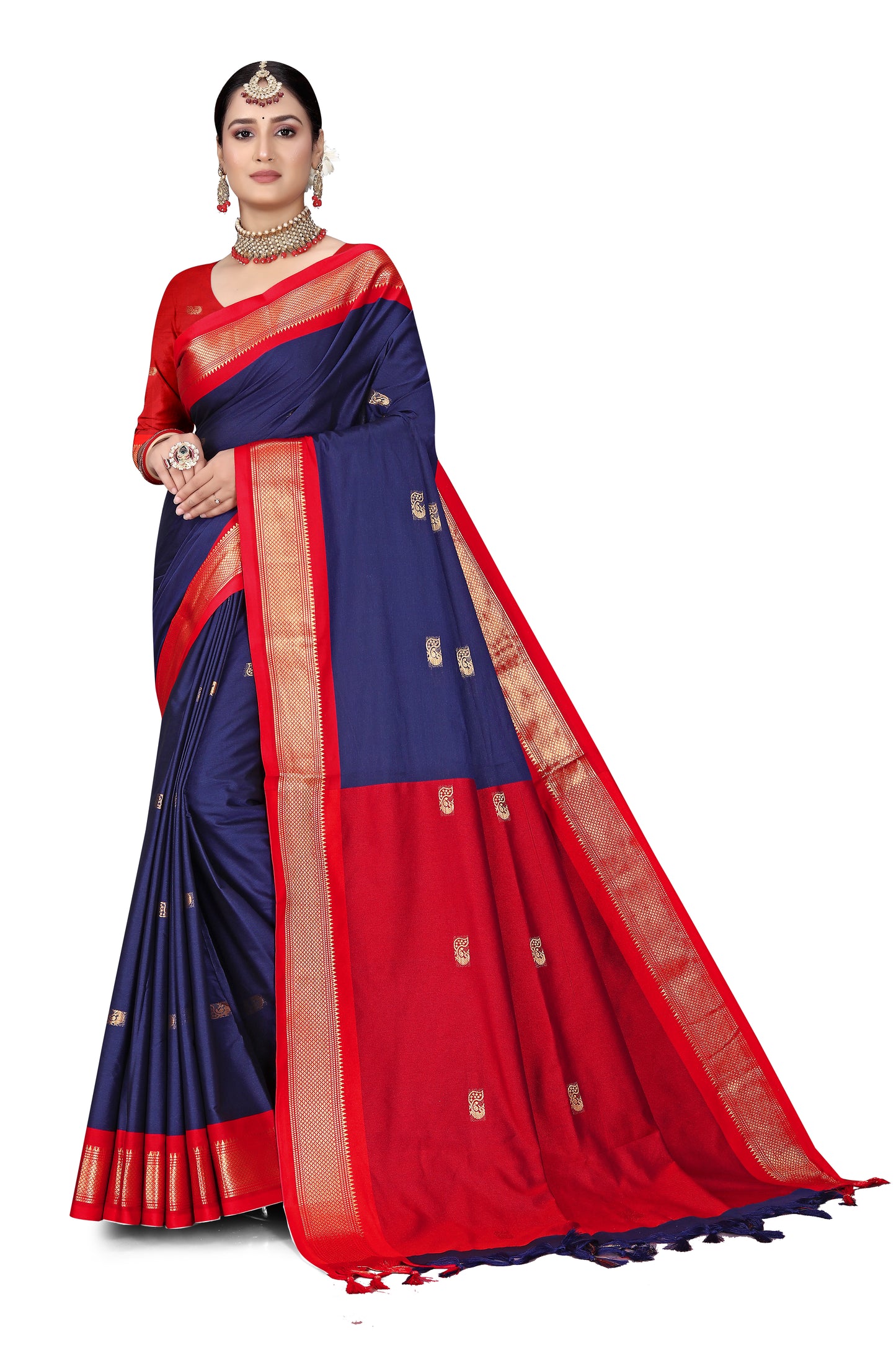 Navy Blue And Red Paithani Cotton Silk Saree With Contrast Blouse And Contrast Plain Pallu With Golden Zari Butta