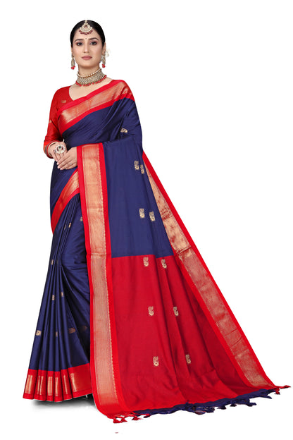 Navy Blue And Red Paithani Cotton Silk Saree With Contrast Blouse And Contrast Plain Pallu With Golden Zari Butta