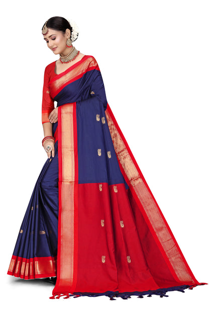 Navy Blue And Red Paithani Cotton Silk Saree With Contrast Blouse And Contrast Plain Pallu With Golden Zari Butta