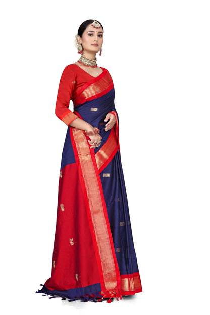 Navy Blue And Red Paithani Cotton Silk Saree With Contrast Blouse And Contrast Plain Pallu With Golden Zari Butta