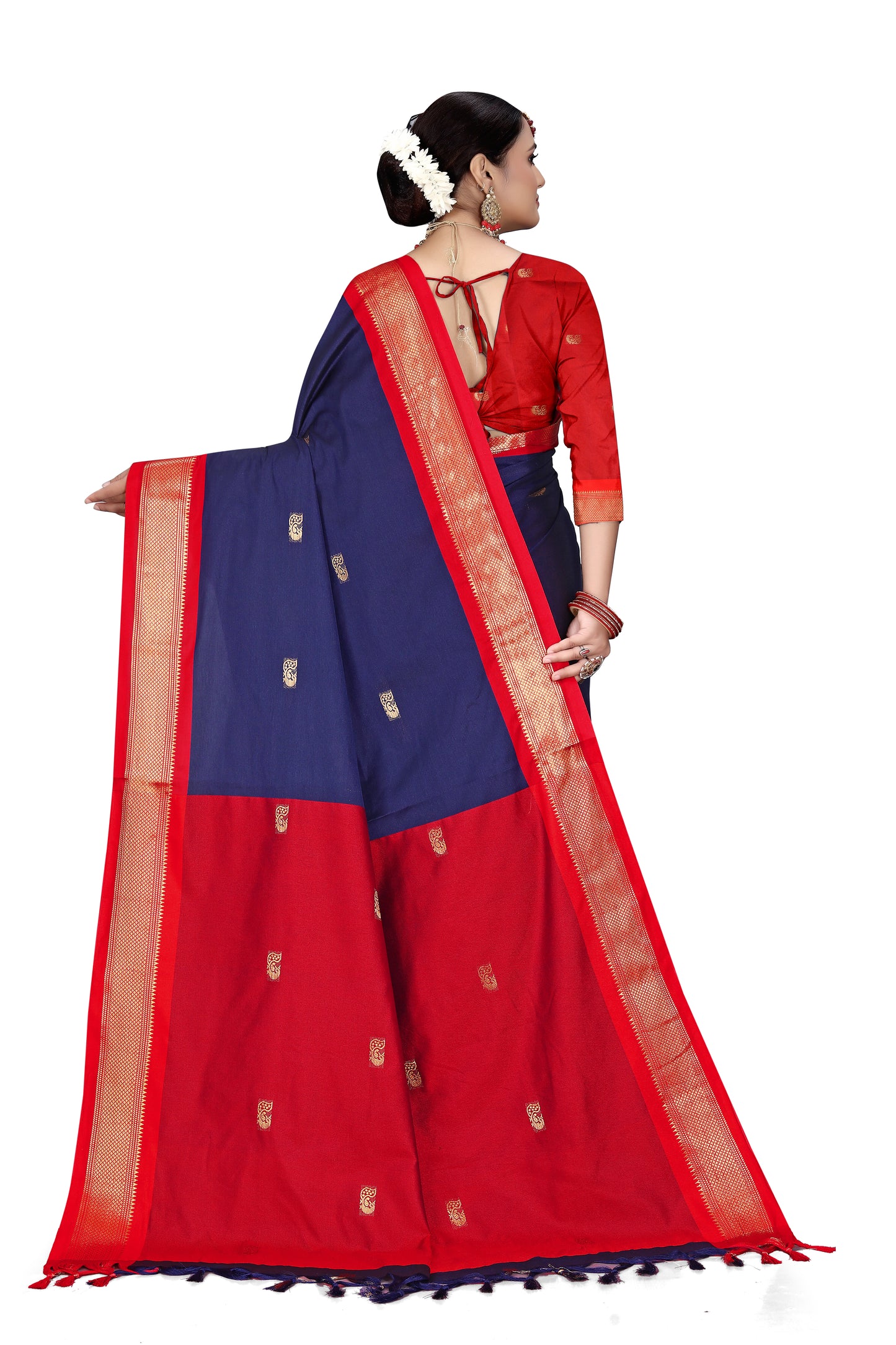 Navy Blue And Red Paithani Cotton Silk Saree With Contrast Blouse And Contrast Plain Pallu With Golden Zari Butta