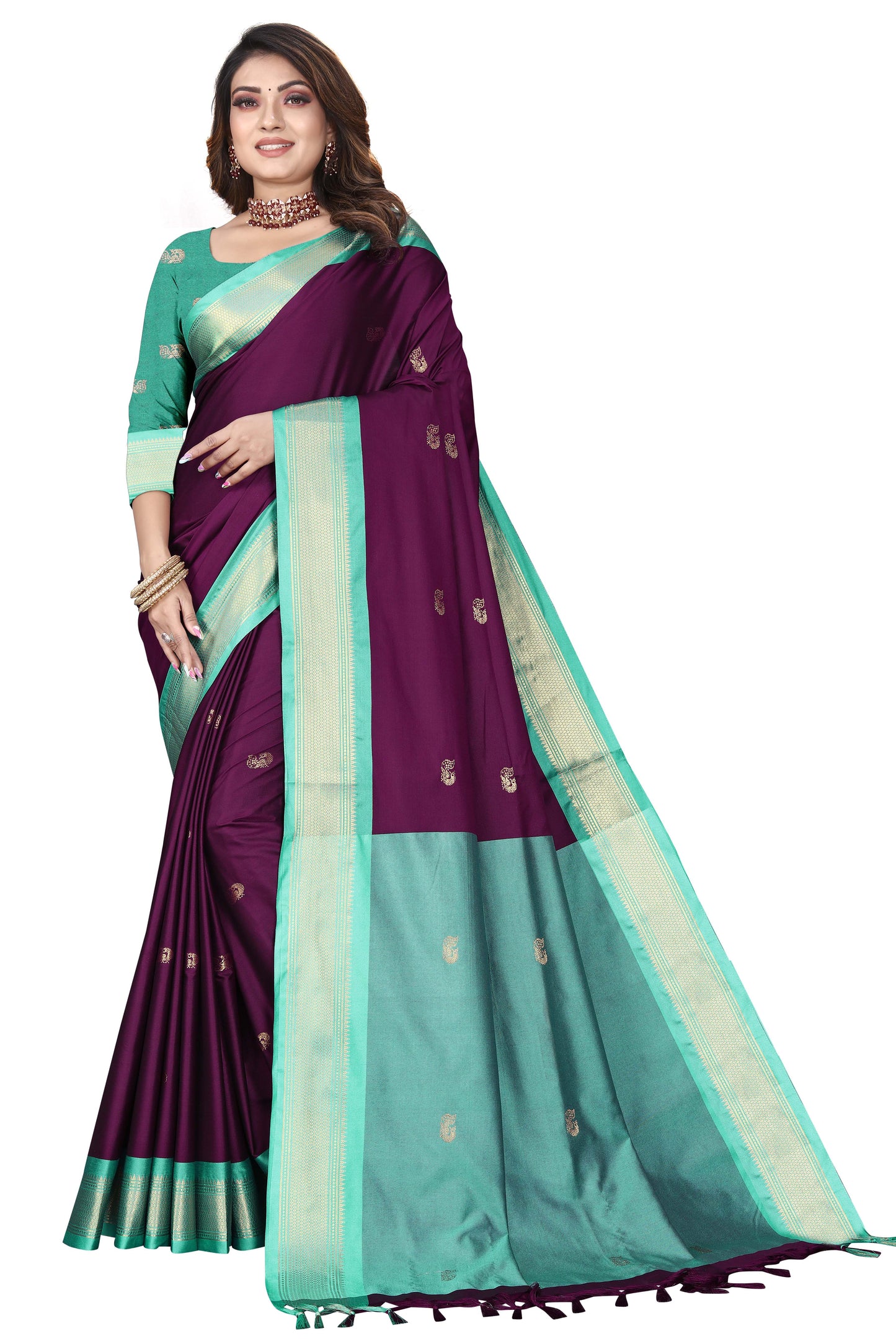 Wine And C-Green Paithani Cotton Silk Saree With Contrast Blouse And Contrast Plain Pallu With Golden Zari Butta