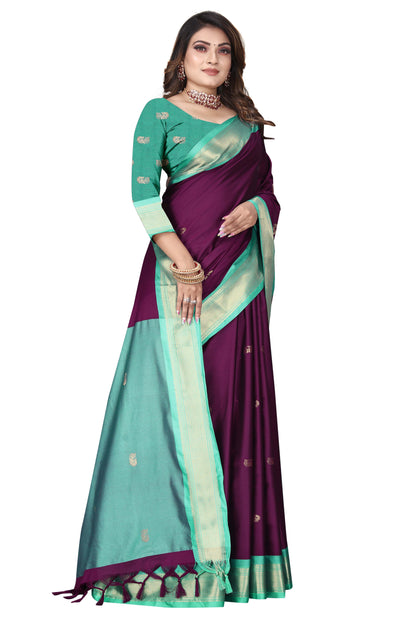 Wine And C-Green Paithani Cotton Silk Saree With Contrast Blouse And Contrast Plain Pallu With Golden Zari Butta