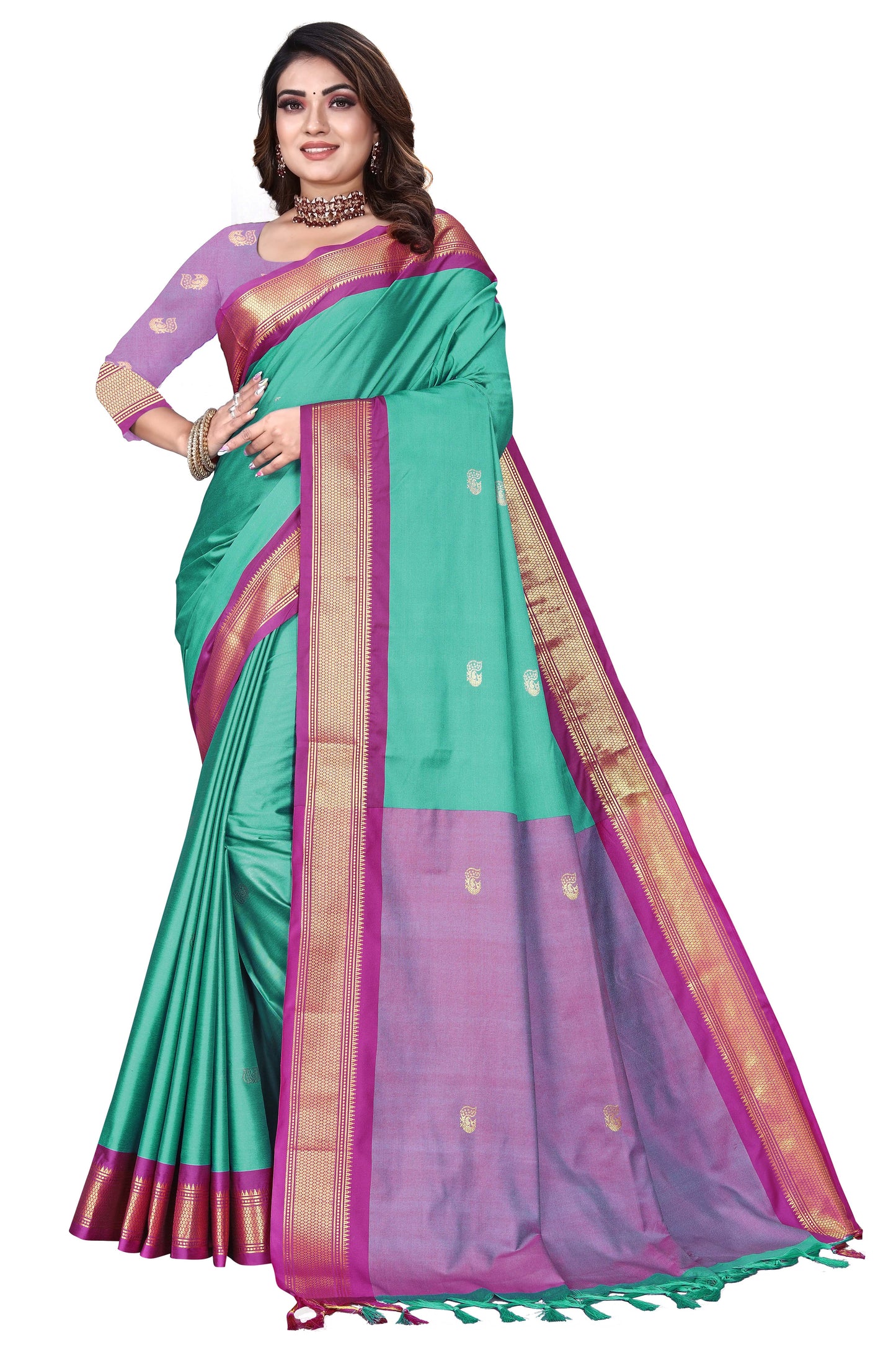 Semi Paithnai Sico Saree Contrast Pallu And Contrast Blouse With Allover Zari Butti