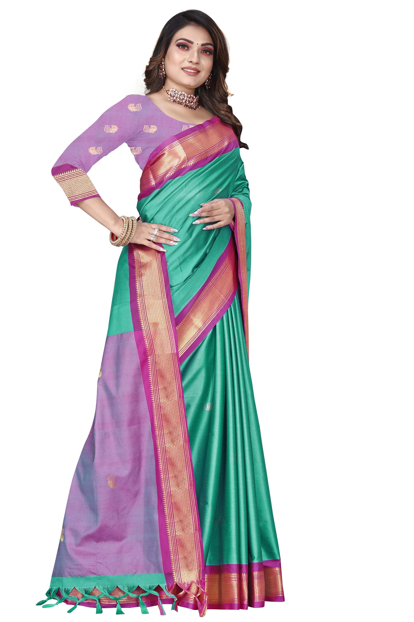 Semi Paithnai Sico Saree Contrast Pallu And Contrast Blouse With Allover Zari Butti