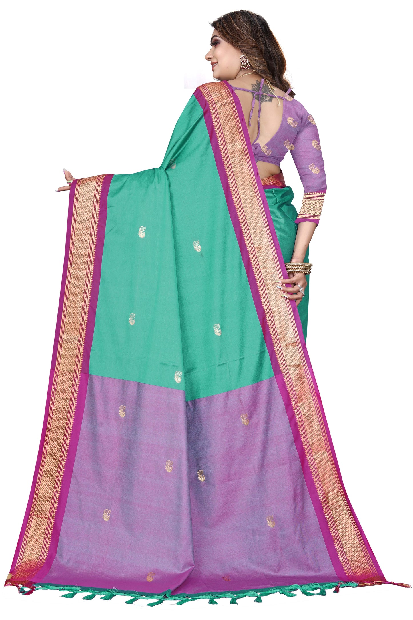 Semi Paithnai Sico Saree Contrast Pallu And Contrast Blouse With Allover Zari Butti